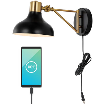 Lynn 15" Swing Arm Modern Midcentury Iron USB Charging Port LED Sconce - JONATHAN Y